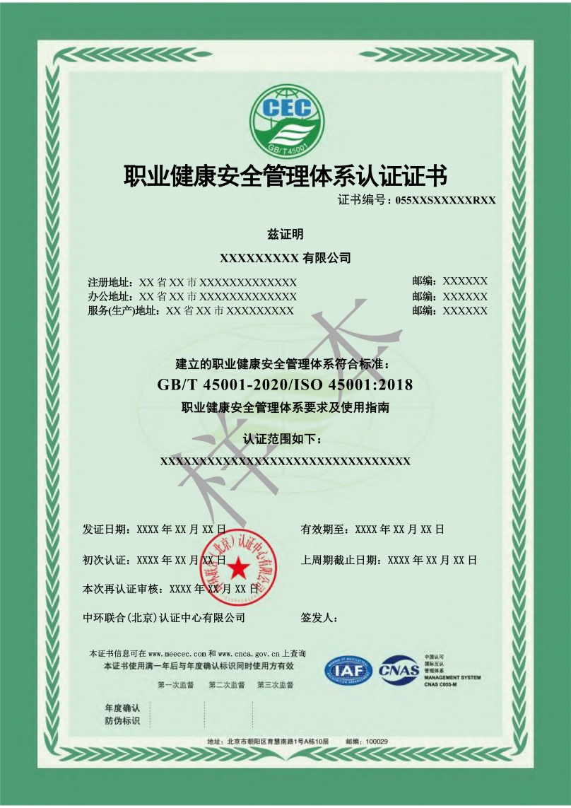 職業(yè)健康管理體系證書模版